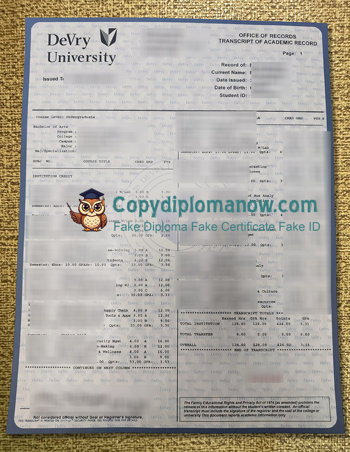 DeVry University Transcript