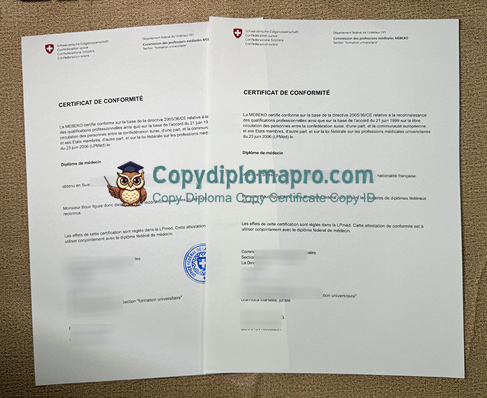 Confédération Suisse Certificat de Conformité Diplôme de médecin