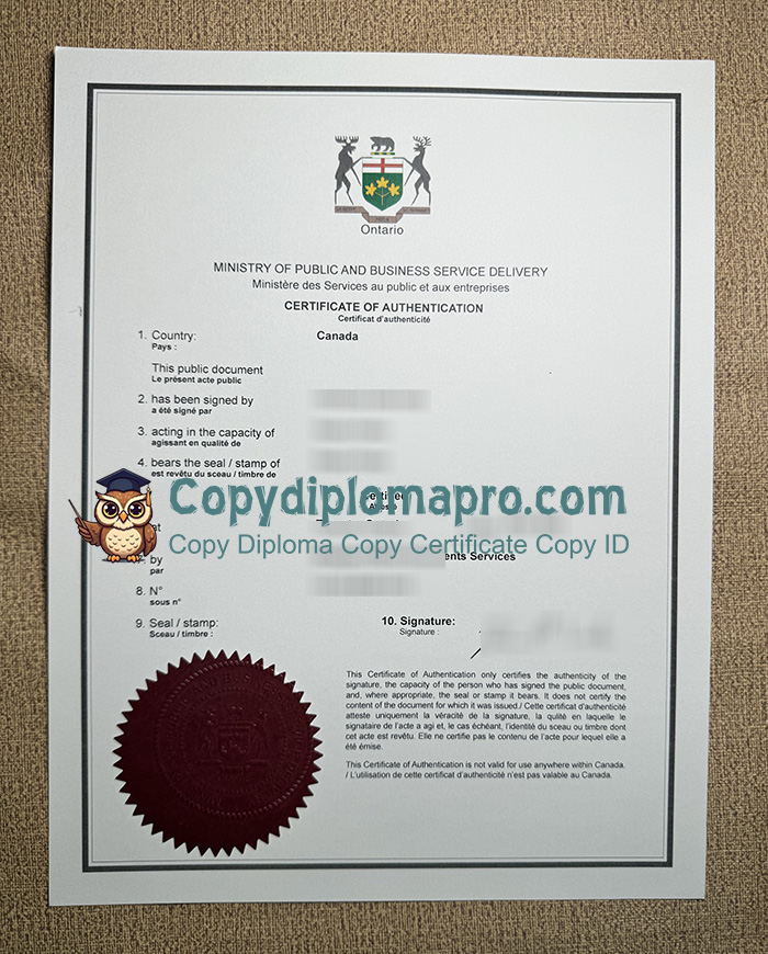 Ontario Apostille Certificate, Certificate of Authentication
