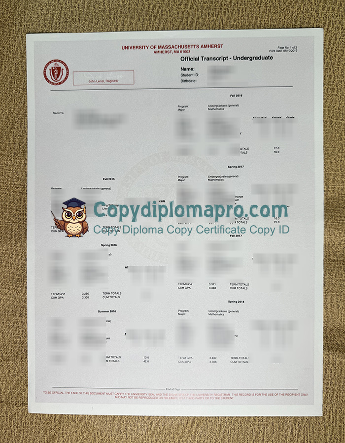 University of Massachusetts Amherst Transcript