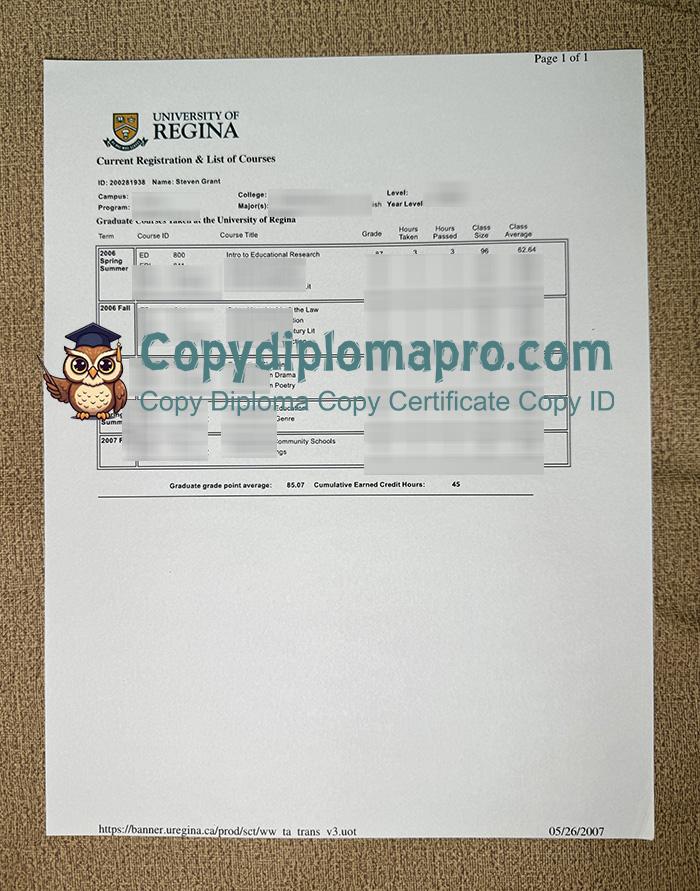 University of Regina Transcript