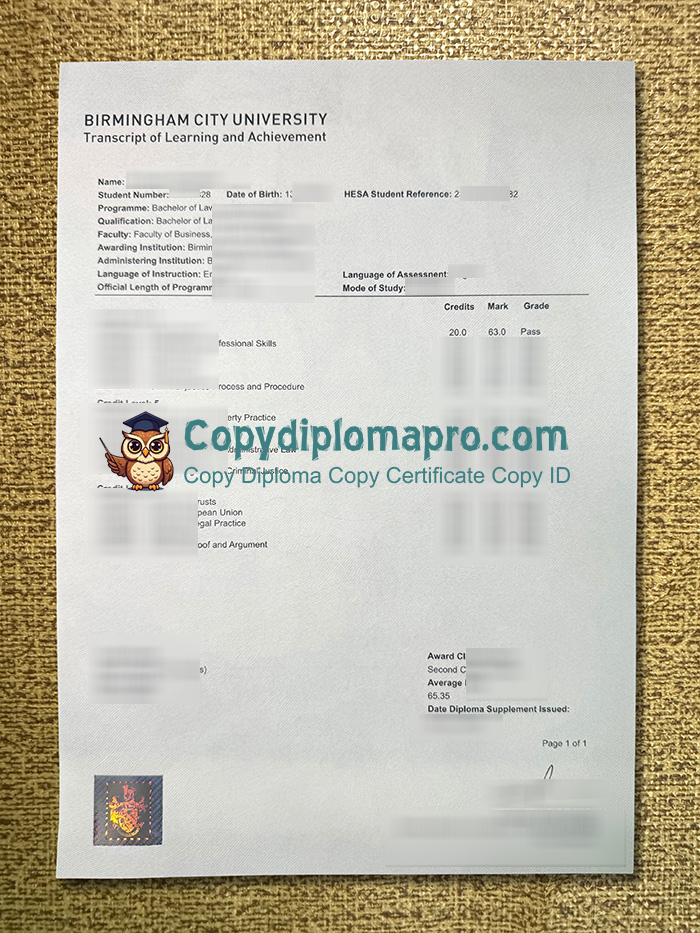 Birmingham City University Transcript