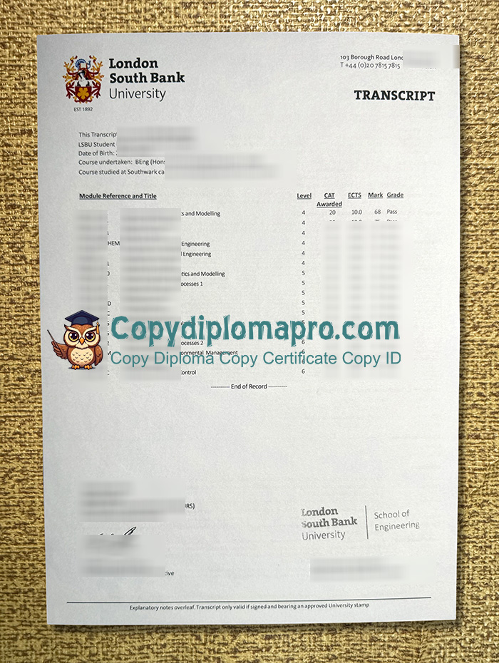 London South Bank University Transcript, LSBU Transcript
