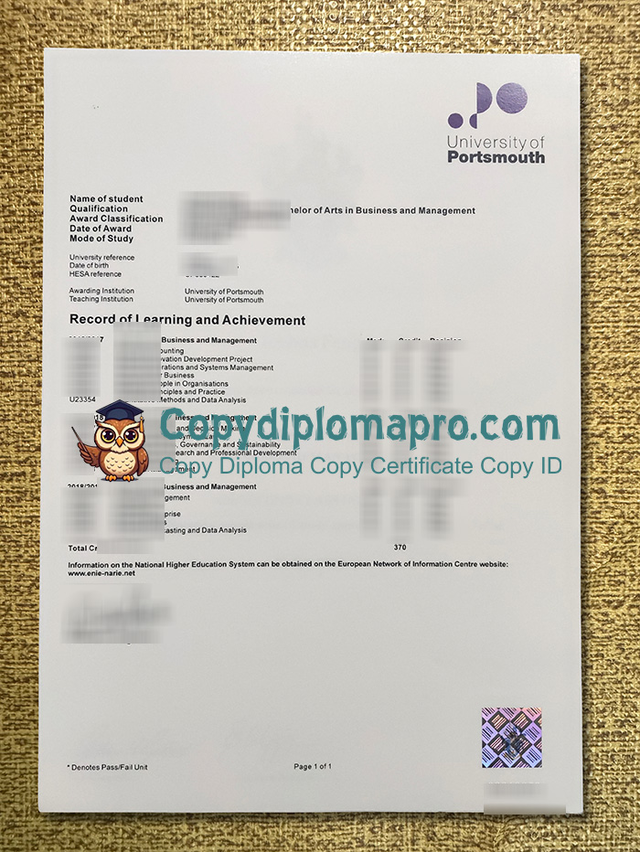 University of Portsmouth Transcript