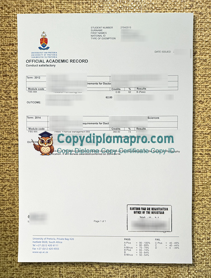 University of Pretoria Transcript