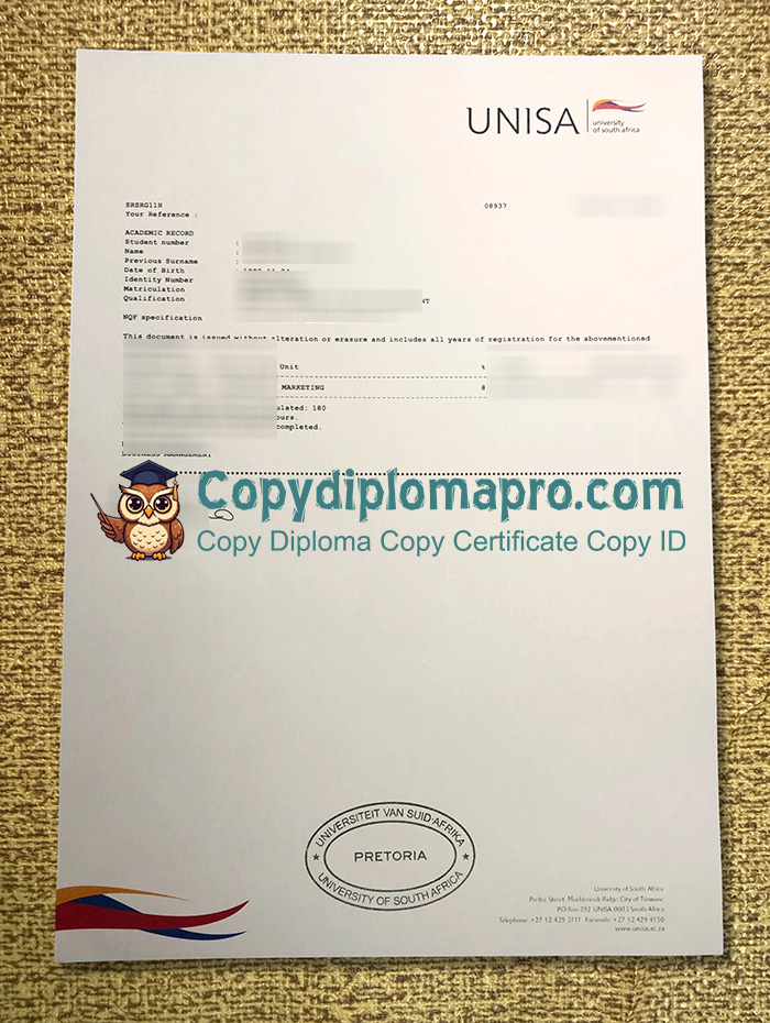 University of South Africa Transcript, UNISA Transcript