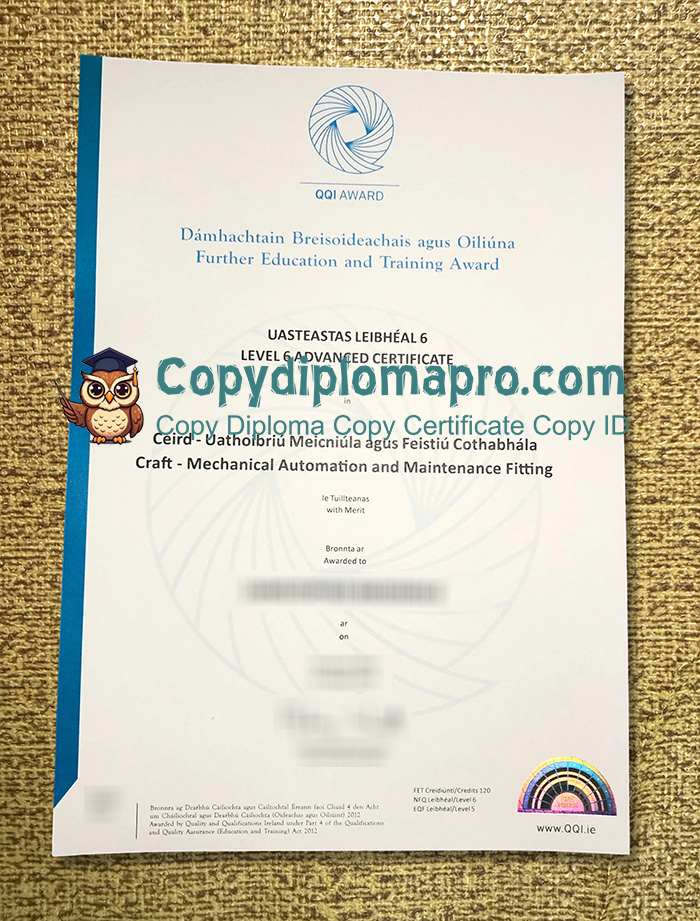 QQI Award Certificate, Quality and Qualifications Ireland Certificate