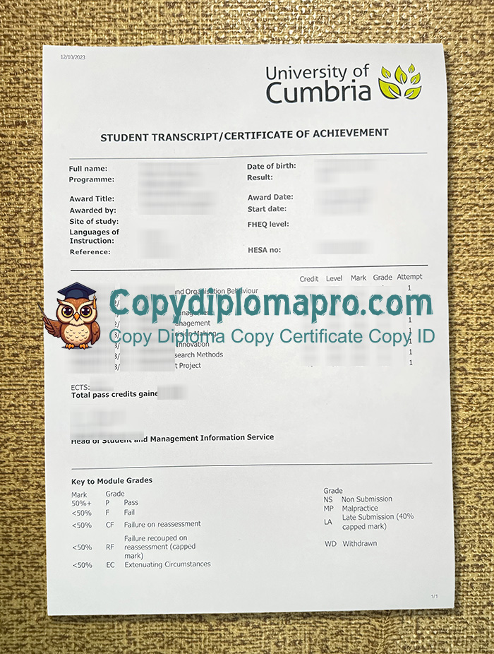 University of Cumbria Transcript